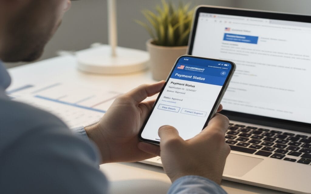 एक व्यक्ति लैपटॉप पर ऑनलाइन पेमेंट स्टेटस चेक कर रहा है।