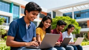 यह चित्र भारतीय छात्रों को दिखाता है जो सरकारी फ्री लैपटॉप योजना के तहत नए लैपटॉप पाकर खुशी मना रहे हैं। आधुनिक कैंपस बैकग्राउंड में ब्राइट कलर्स के साथ, यह शिक्षा के उज्ज्वल भविष्य का प्रतीक है।