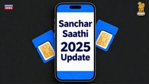 Sanchar Saathi App 2025 update thumbnail showing smartphone, SIM cards, and India government emblem with Hindi headline “अब मोबाइल में ऐप अनिवार्य नहीं”.