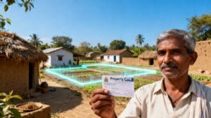 गाँव में SVAMITVA योजना के तहत डिजिटल मैपिंग और प्रॉपर्टी कार्ड दिखाता हुआ किसान, पीछे साफ आसमान और गाँव का दृश्य