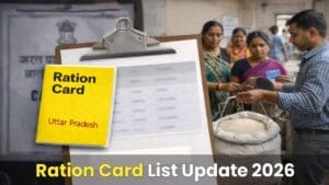 Free Ration Yojana 2026 – राशन दुकान के बैग और कार्ड के साथ, गलत नाम हटाए गए लाभार्थियों की जांच दिखाते हुए thumbnail